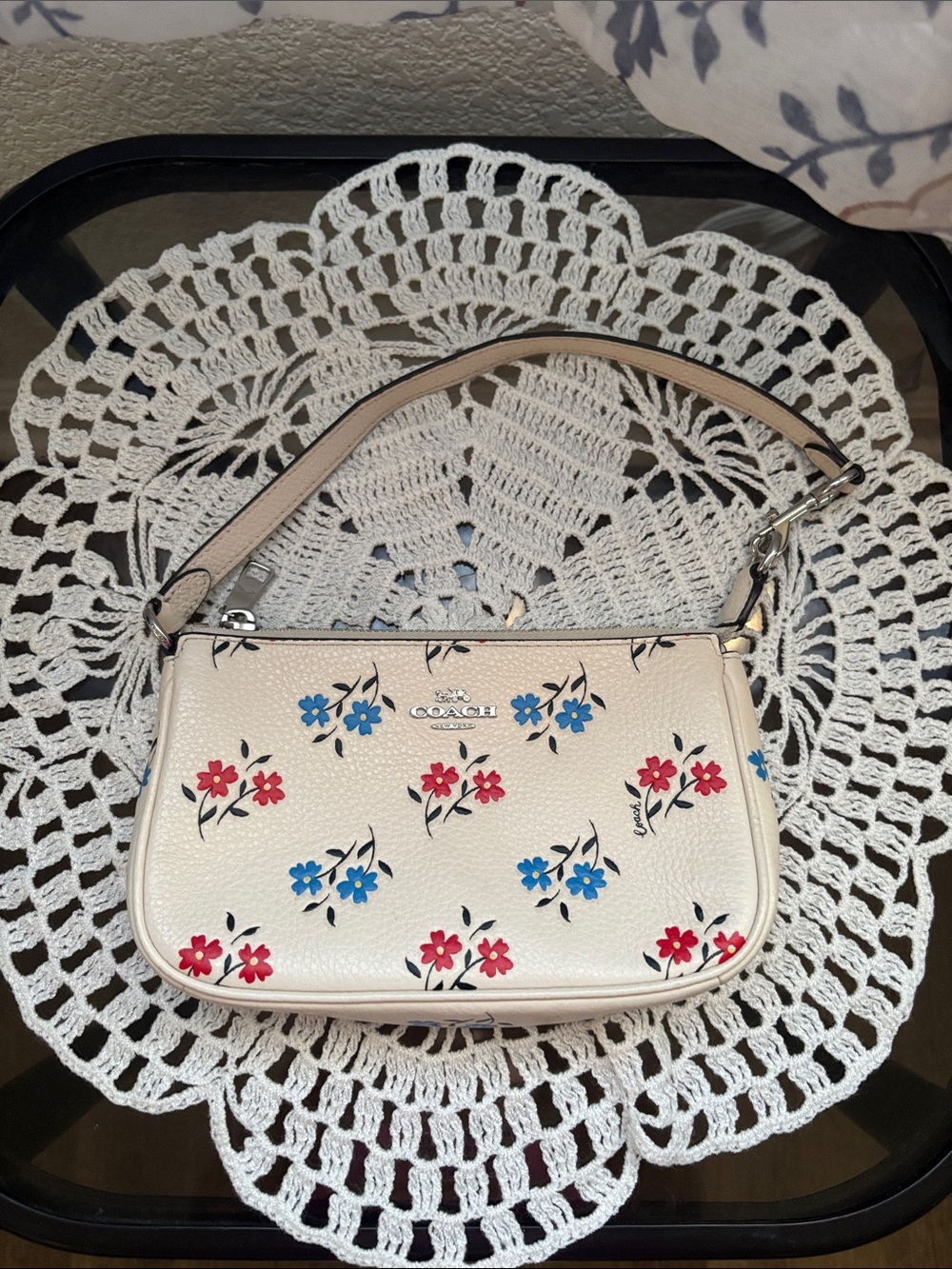 Coach Floral Print Cream Wristlet Bag